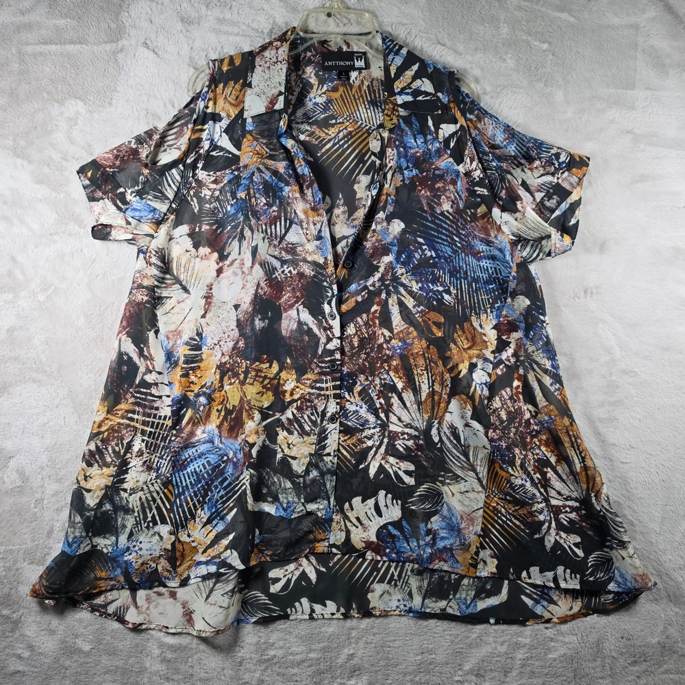 Antthony Blouse Womens Large Multicolor Tropical‎ Cold Shoulder Button Up Shirt